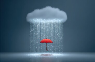 Red Umbrella Protected By Digital Cloud During Rain