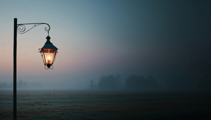 Old-fashioned lantern hang from elegant wooden pole,soft glow of dawn on horizon,copy space.