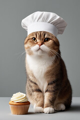 A cat in a white culinary hat sitting next to a cupcake decorated with a cream cap. Sweets and celebration. Pastry shop or bakery.	