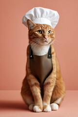 A cat in a white chef's hat and apron. Comfort and homemade baked goods. An unusual chef.	