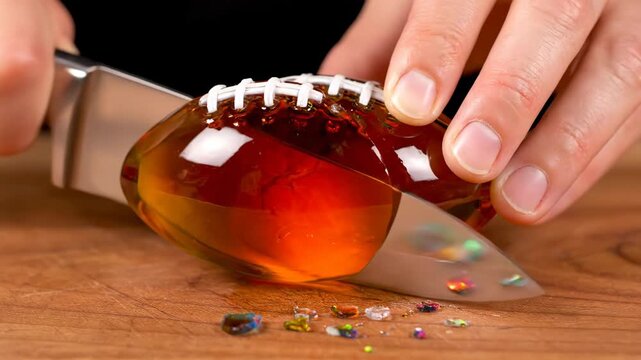 Hand cutting into a translucent amber football-shaped jelly with a knife on a wooden cutting board, making small pieces fall and creating an asmr effect
