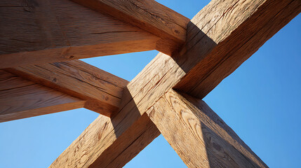 Architectural detail of a rustic timber frame joint against a blue sky