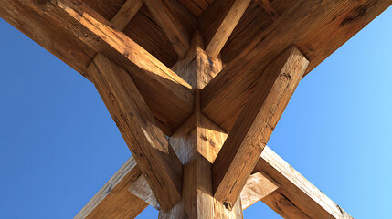 Timber Structure Wooden Beams Against Blue Sky