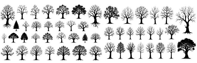 Set of different types old tree stump with roots silhouette vector, svg file on transparent background.