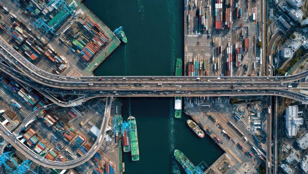 Aerial overview showcasing a sprawling industrial port complex