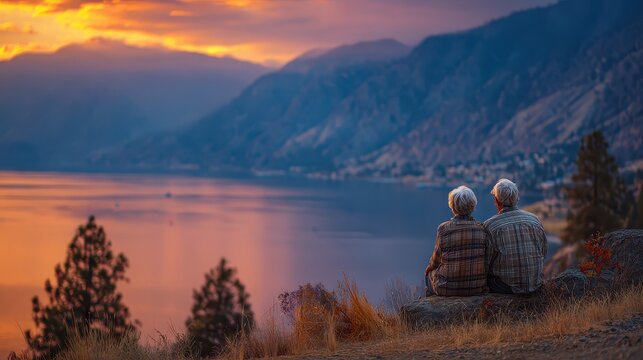 Senior couple admires sunset over lake, mountains in the background. Perfect image for retirement, travel, and relationship advertisements.