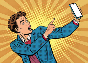 Business businessman cartoon vector illustration of a man in a suit with a sword and a man using a mobile shock reaction.