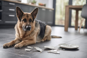 German Shepherd lying near broken plate – guilty dog in home accident scene