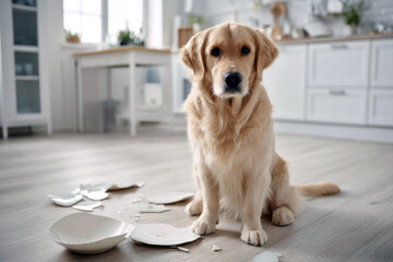 Golden Retriever sitting near broken dishes – guilty dog moment in cozy kitchen