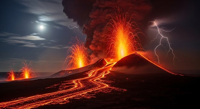 Volcanic Eruption at Night with Lava Flow and Lightning. - Powered by Adobe