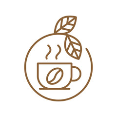 Brown line art logo featuring coffee with leaves offers natural earthy vibes.