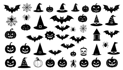 Set of different types Halloween icons, svg vector design on transparent background.