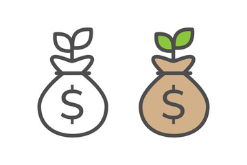 Two moneybags that are growing like plants or seeds.
