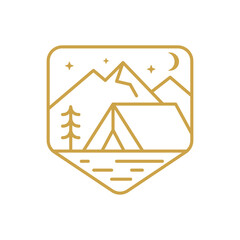 This badge features camping nature mountains tree and moon in line art.