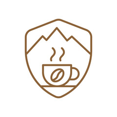 This emblem features a mountain range and a coffee cup with steam.