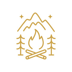 Campfire under stars and a mountain surrounded by trees.