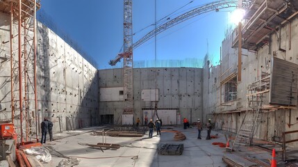 Large-scale construction site featuring towering cranes and exposed concrete walls, showcasing workers in hard hats amidst building materials, with a clear blue sky providing a backdrop and bright...