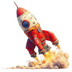 Retro Red Rocket Launching Against Black Background