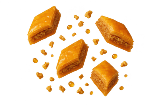 Sweet baklava, nuts, honey drops isolated on transparent background, golden