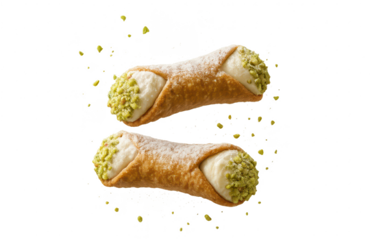 Two sweet cannoli with pistachio isolated on transparent background, dessert