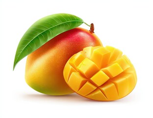 Ripe Mangoes With Green Leaf On White Background