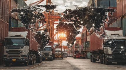 Double exposure of Twilight view of Container truck in ship port for business Logistics and transportation of Container Cargo ship and Cargo plane with working crane bridge with Earth and world map