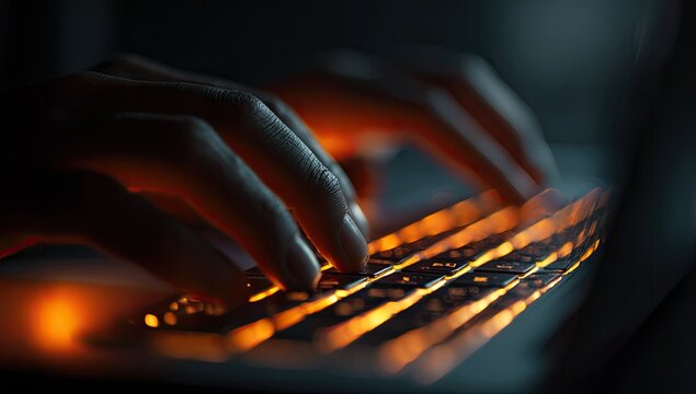 Hands typing on an illuminated laptop keyboard, glowing warm tones in a dimly lit environment