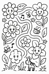 Fototapeta premium Happy cartoon flowers, bees, and a friendly zebra in a maze-like garden, a fun children's coloring page.