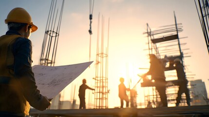 Construction worker wearing a yellow hard hat and safety vest studying blueprints on a construction site, observing other workers silhouetted against a vibrant sunset, while steel beams and...