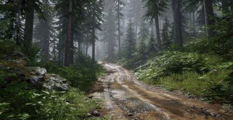 Fototapeta premium A muddy, worn dirt road winds through a dense, misty forest, enveloped by tall, green trees