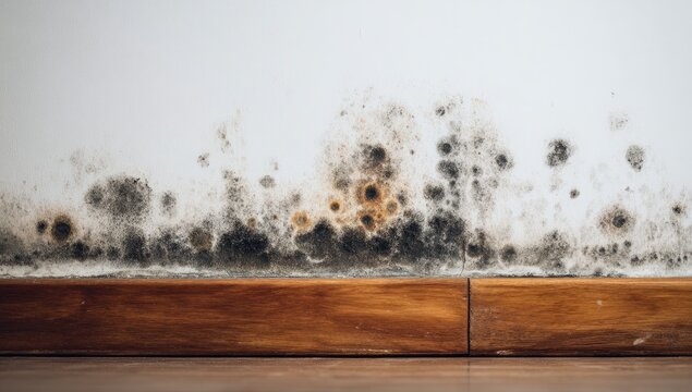 Close-up of a white wall with significant black mold growth along the bottom. Wooden trim present