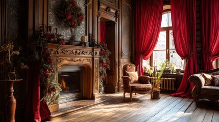 Obraz premium A red room with a fireplace and a chair