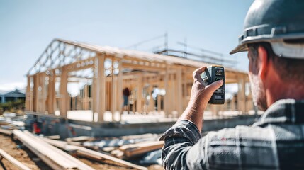 Construction worker wearing a helmet, using a measuring tool to check measurements at a new wooden house construction site under the bright, clear, and sunny blue sky during the day, showcasing the...