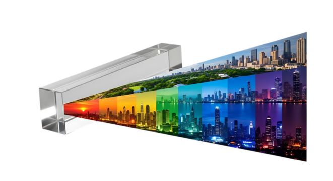 A prism refracting a cityscape panorama into a spectrum of colors on a black background