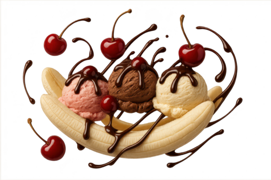 Banana split with ice cream and cherries, isolated on transparent.