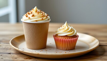 Cappuccino and Cupcake: A delectable cappuccino and cupcake ensemble, presented on a wooden plate. The scene exudes warmth and comfort. 