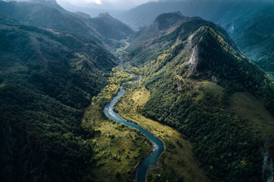 beautiful picturesque mountain river, aerial view