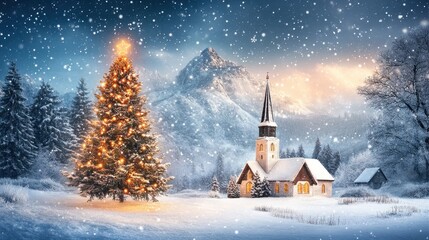 Christmas scene of a snowy village with a decorated tree