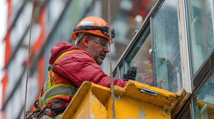 A construction worker wearing a safety helmet and high-visibility clothing, installs a window pane on a building facade, showcasing precision and focus in his task, reflecting professional...