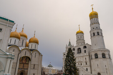 The cathedral with golden domes on the territory of the Moscow Kremlin. Temples of the Moscow Kremlin. The architectural ensemble of Cathedral Square. Culture and heritage in architecture.