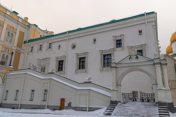 The cathedral with golden domes on the territory of the Moscow Kremlin. Temples of the Moscow Kremlin. The architectural ensemble of Cathedral Square. Culture and heritage in architecture.