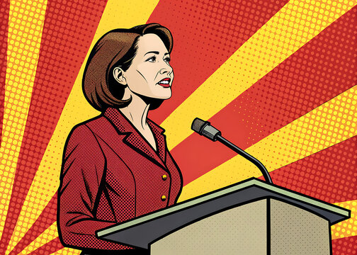 A silhouette illustration of people at a disco party, with a woman and man holding microphones while a young woman sings music and dances - Powered by Adobe