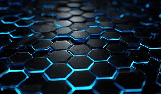 Abstract, close-up view of a hexagonal surface with a glowing blue underlay