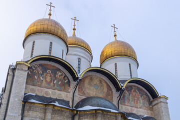 The cathedral with golden domes on the territory of the Moscow Kremlin. Temples of the Moscow...