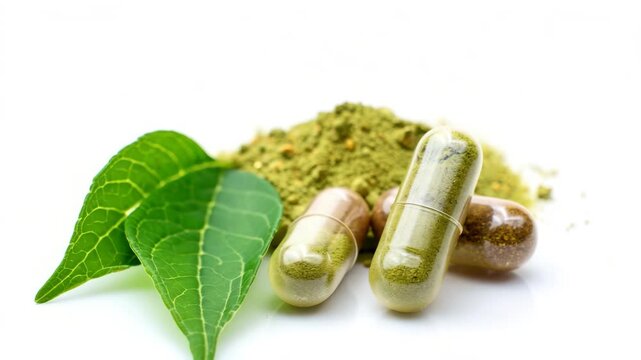 Explore the natural herbal supplements featuring green leaves, capsules, and powder. Learn about their health benefits and how to incorporate them into daily routines