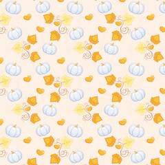 Seamless autumn pattern with white pumpkins and golden leaves