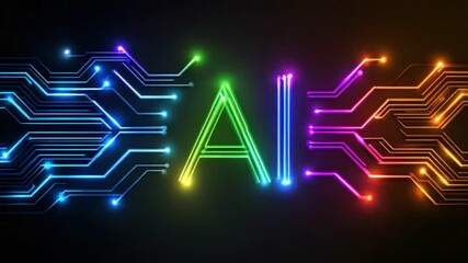 A vibrant, colorful representation of artificial intelligence featuring glowing circuit patterns forming the letters 'AI', symbolizing the fusion of technology and innovation.