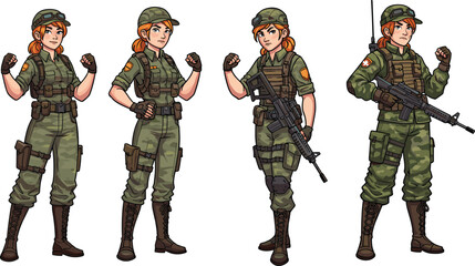 Cartoon female soldiers in military uniform, armed women characters, army camouflage outfit, combat training, strong warrior illustration, defense, security, protection