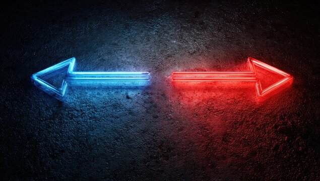 Neon blue and red arrows pointing in opposite directions on a textured dark background