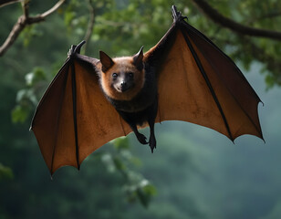 bat on the sky, Large flying fox bat flying with open wings